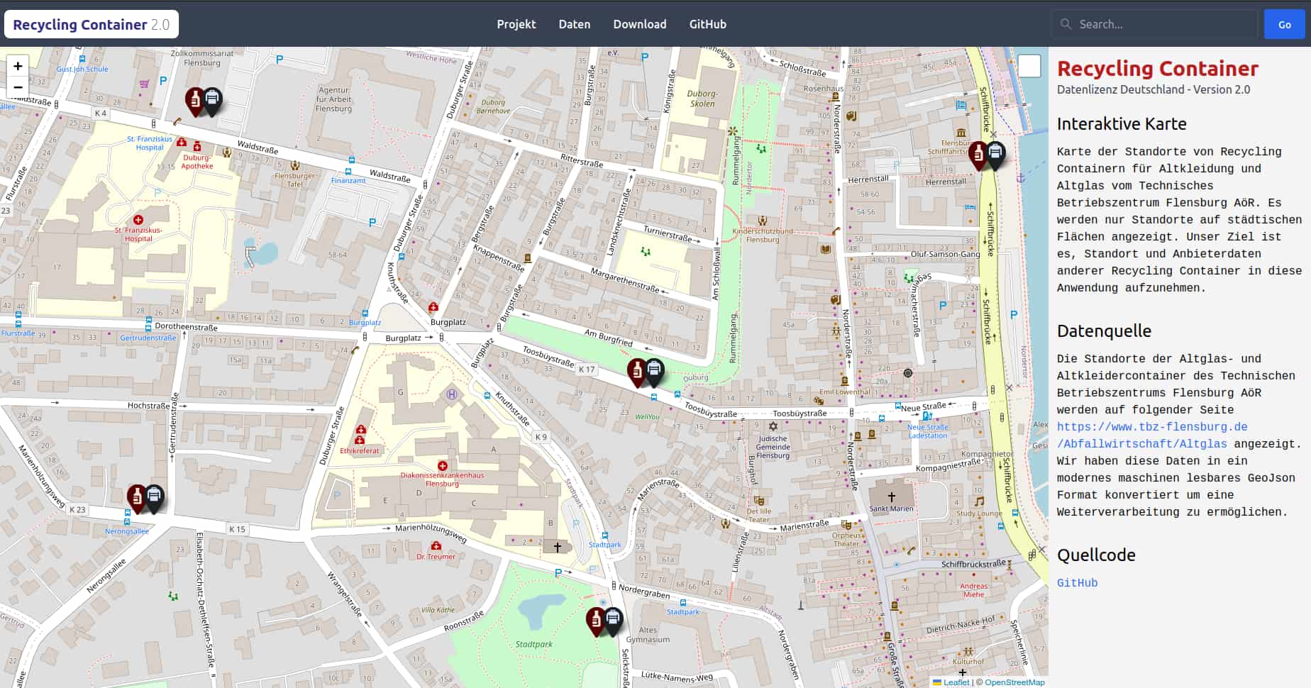 Screenshot Karte der Recyclingcontainer in Flensburg