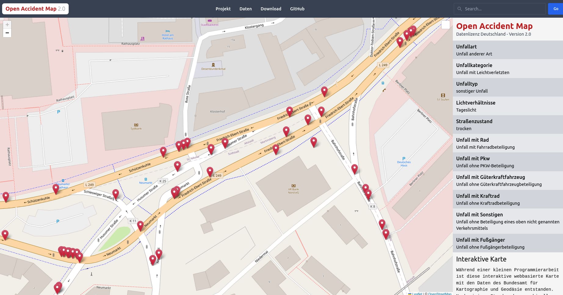 Screenshot Unfallorte auf einer interaktiven webbasierten Karte